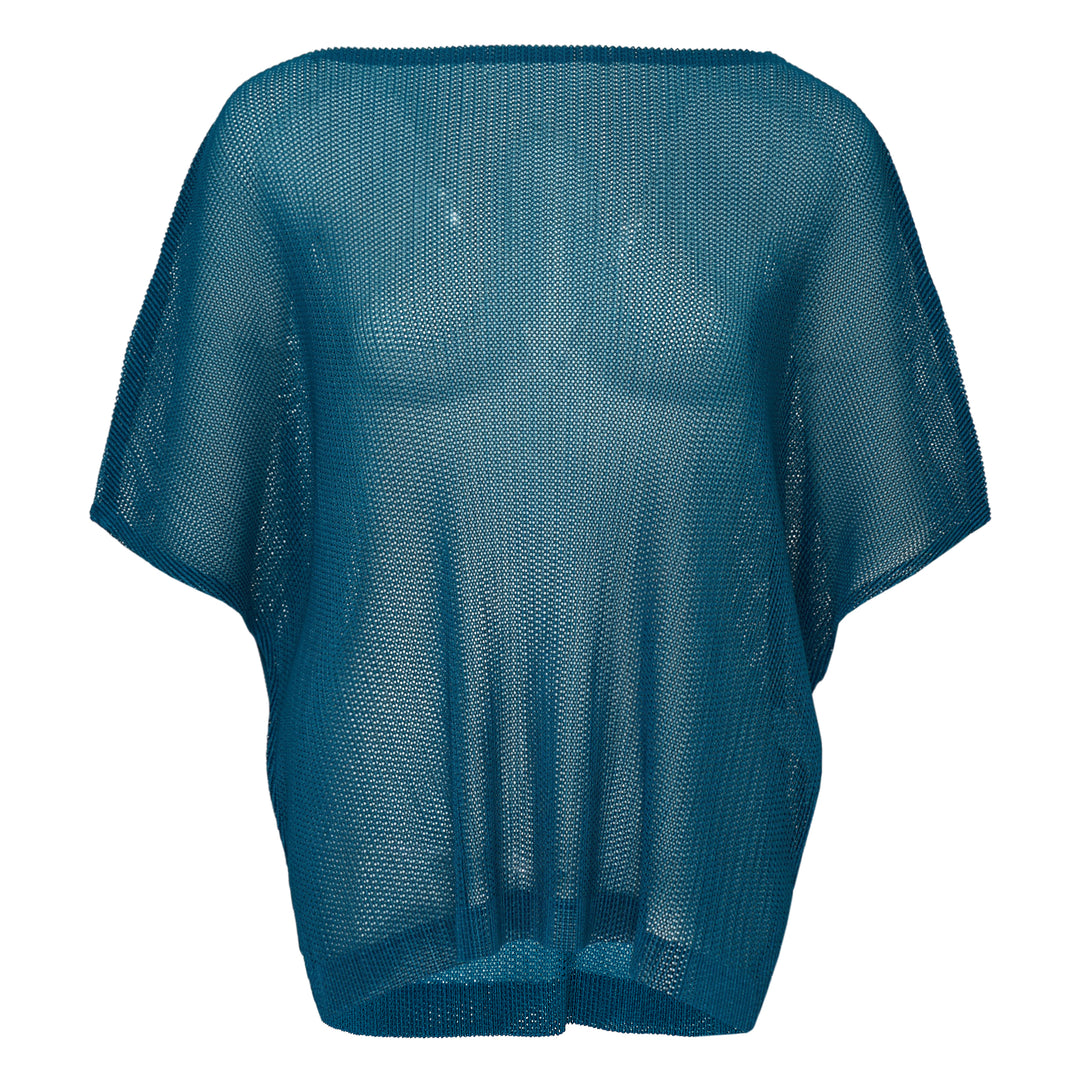 Pleats Please Issey Miyake August short sleeve teal open-mesh knit top with a relaxed batwing silhouette and ribbed neckline and hem, shown from the back