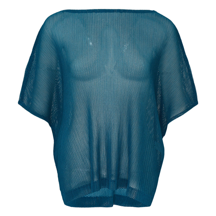 Pleats Please Issey Miyake August short sleeve teal open-mesh knit top with a relaxed batwing silhouette and ribbed neckline and hem, shown from the back
