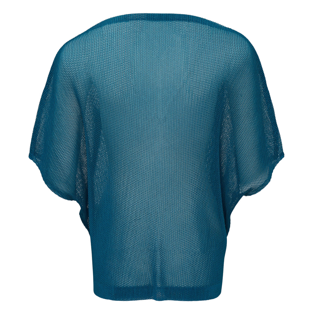 Pleats Please Issey Miyake August short sleeve teal open-mesh knit top with a relaxed batwing silhouette and ribbed neckline and hem, shown from the back