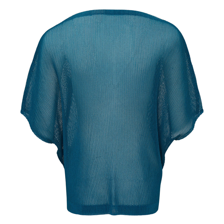 Pleats Please Issey Miyake August short sleeve teal open-mesh knit top with a relaxed batwing silhouette and ribbed neckline and hem, shown from the back