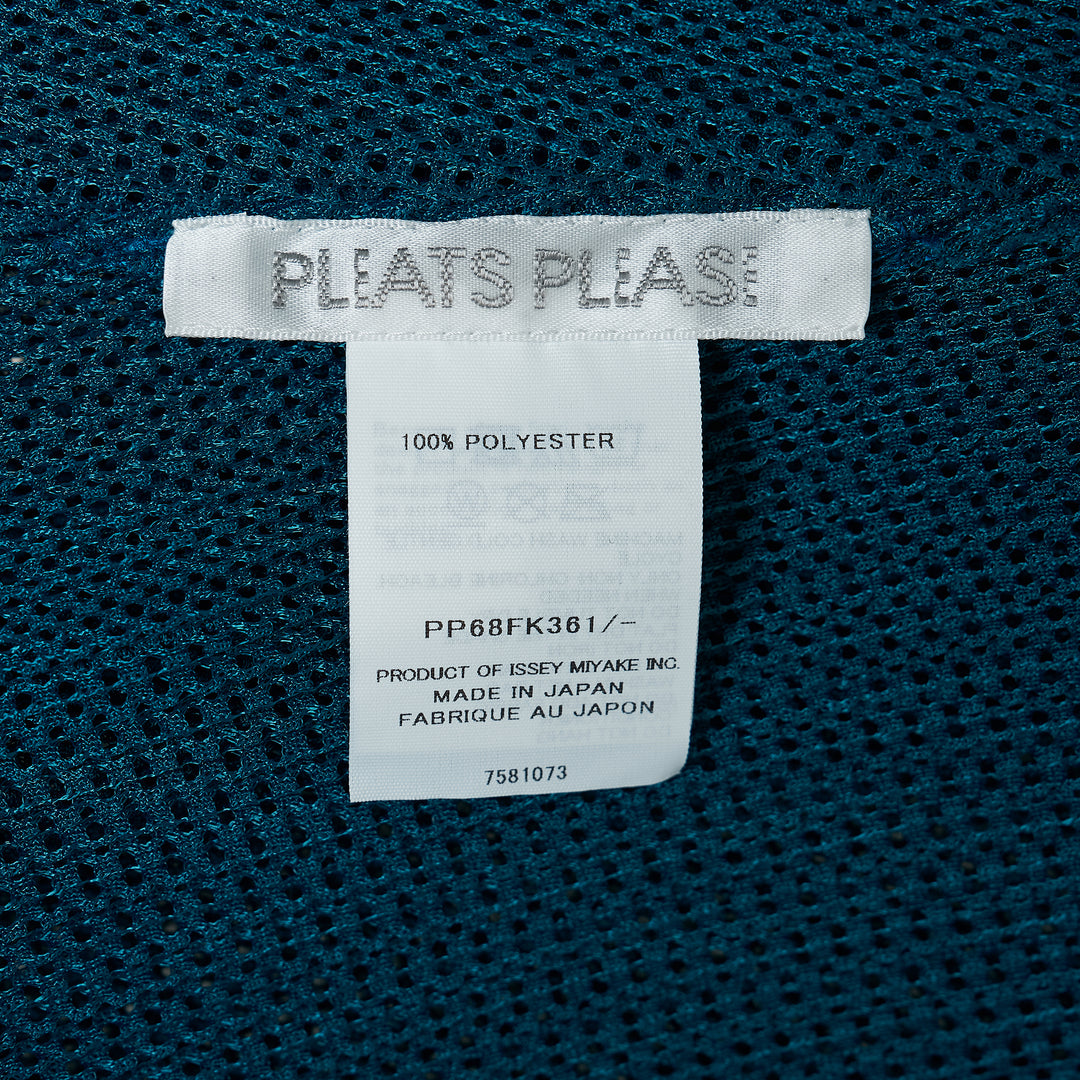 Pleats Please Issey Miyake August short sleeve teal open-mesh knit top with a relaxed batwing silhouette and ribbed neckline and hem, shown from the back