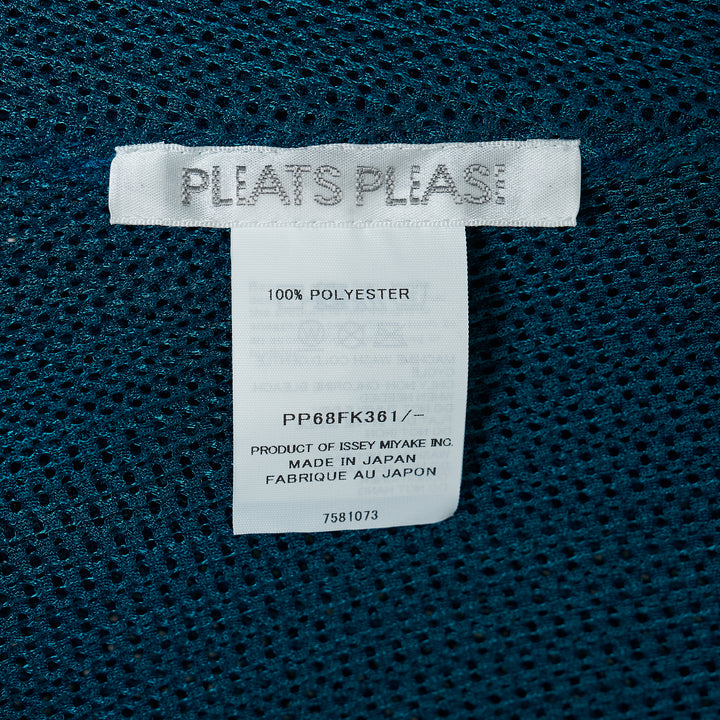 Pleats Please Issey Miyake August short sleeve teal open-mesh knit top with a relaxed batwing silhouette and ribbed neckline and hem, shown from the back