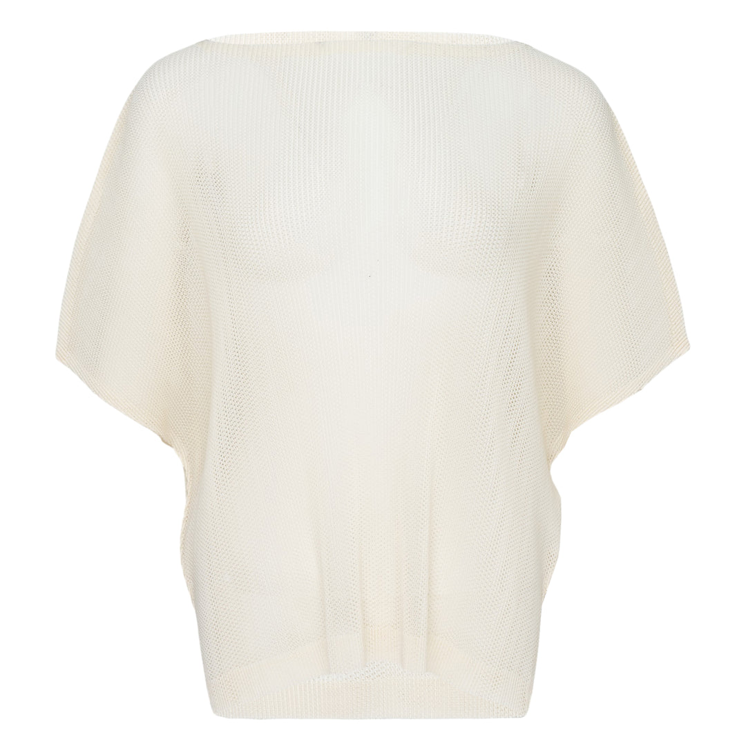 Pleats Please Issey Miyake August short sleeve teal open-mesh knit top with a relaxed batwing silhouette and ribbed neckline and hem, shown from the back