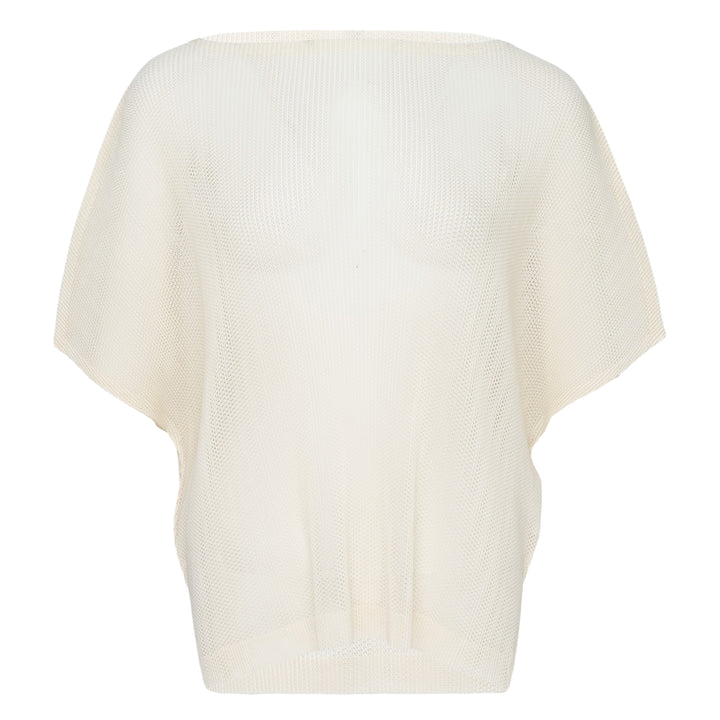 Pleats Please Issey Miyake August short sleeve teal open-mesh knit top with a relaxed batwing silhouette and ribbed neckline and hem, shown from the back