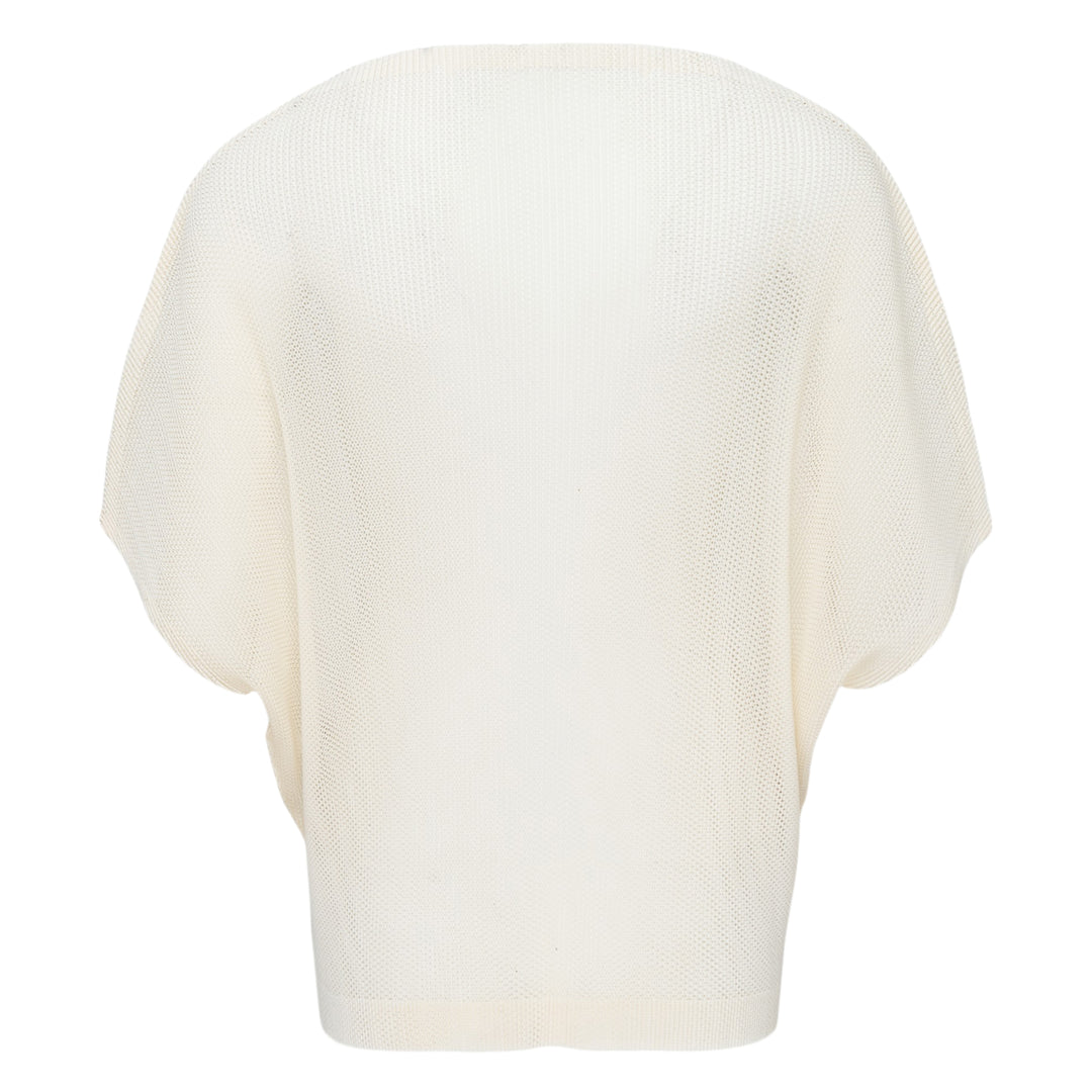 Pleats Please Issey Miyake August short sleeve teal open-mesh knit top with a relaxed batwing silhouette and ribbed neckline and hem, shown from the back