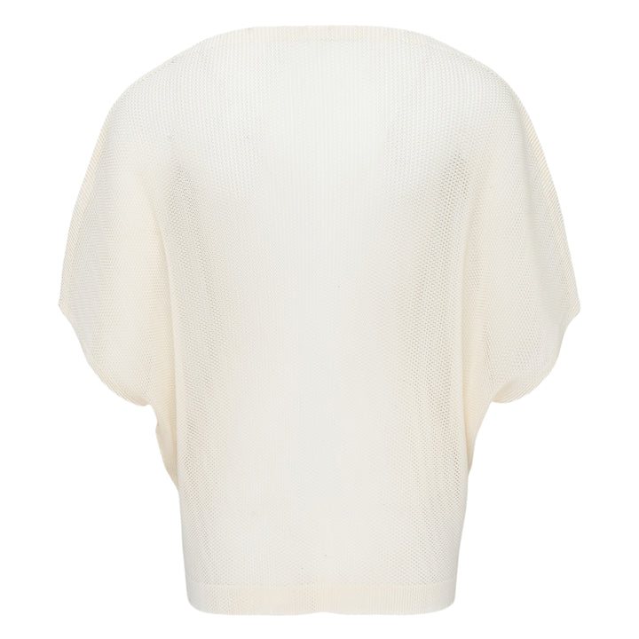 Pleats Please Issey Miyake August short sleeve teal open-mesh knit top with a relaxed batwing silhouette and ribbed neckline and hem, shown from the back