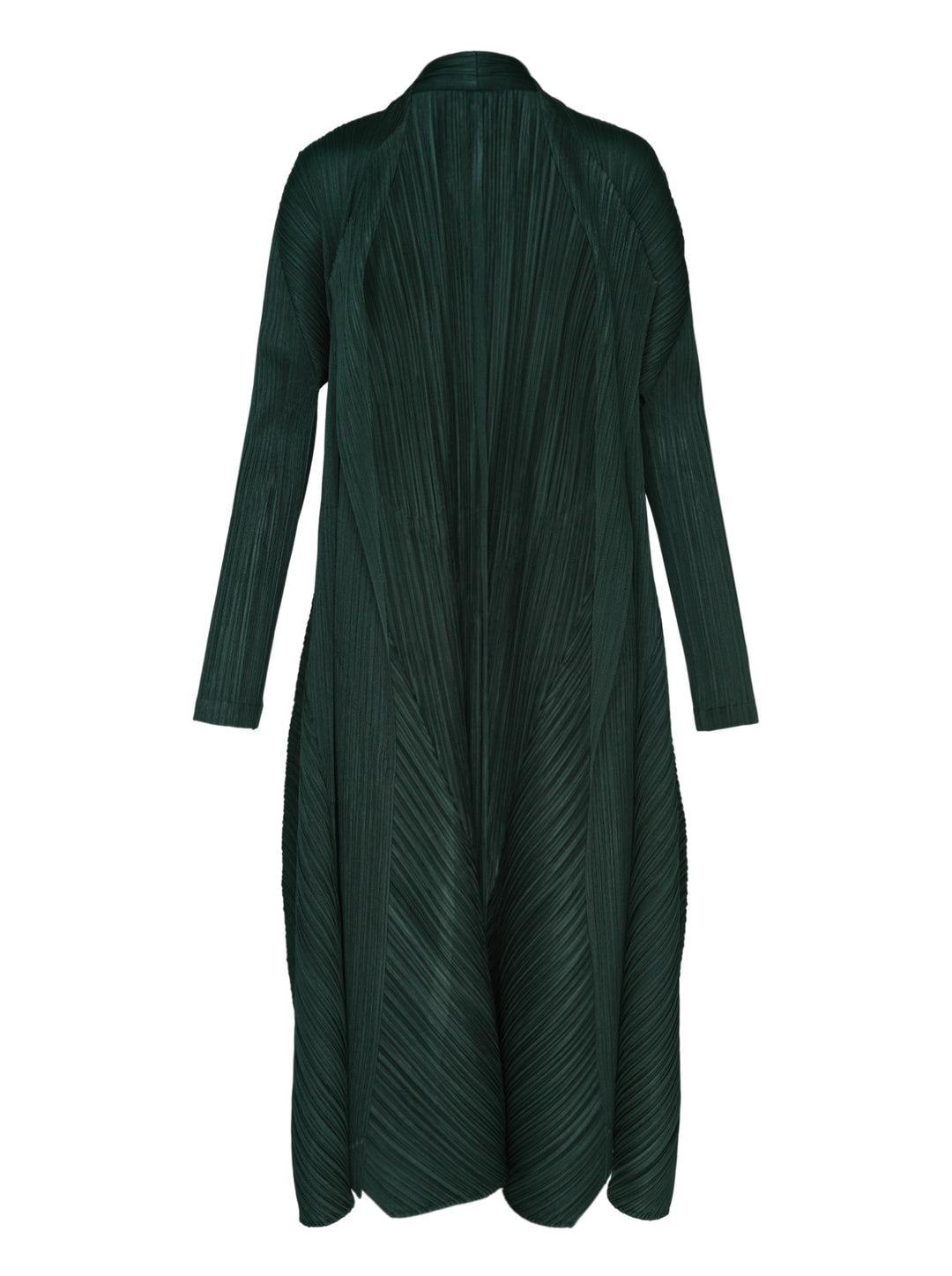 Pleats Please Issey Miyake Monthly Colors October long pleated coat in deep forest green, shown from the front with an open, flowing silhouette