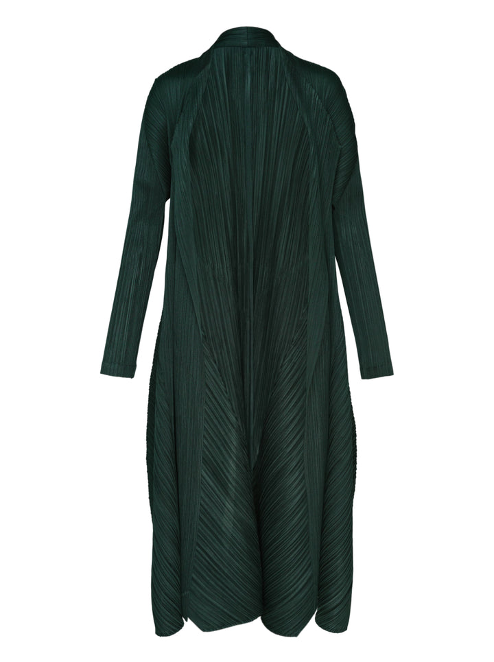 Pleats Please Issey Miyake Monthly Colors October long pleated coat in deep forest green, shown from the front with an open, flowing silhouette