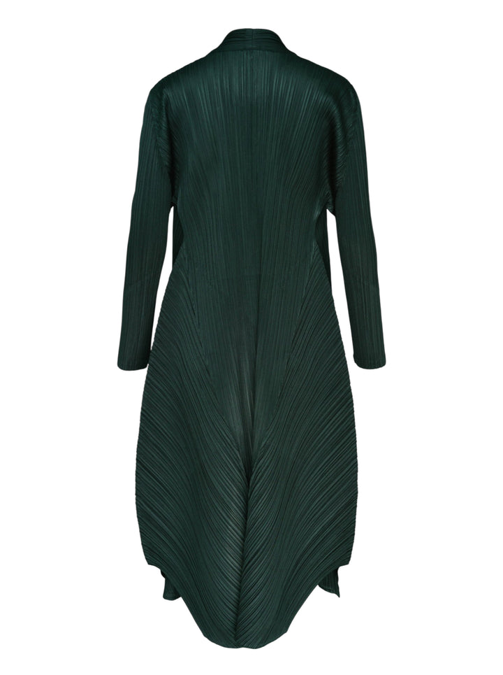 Pleats Please Issey Miyake Monthly Colors October long pleated coat in deep forest green, shown from the front with an open, flowing silhouette - view 2