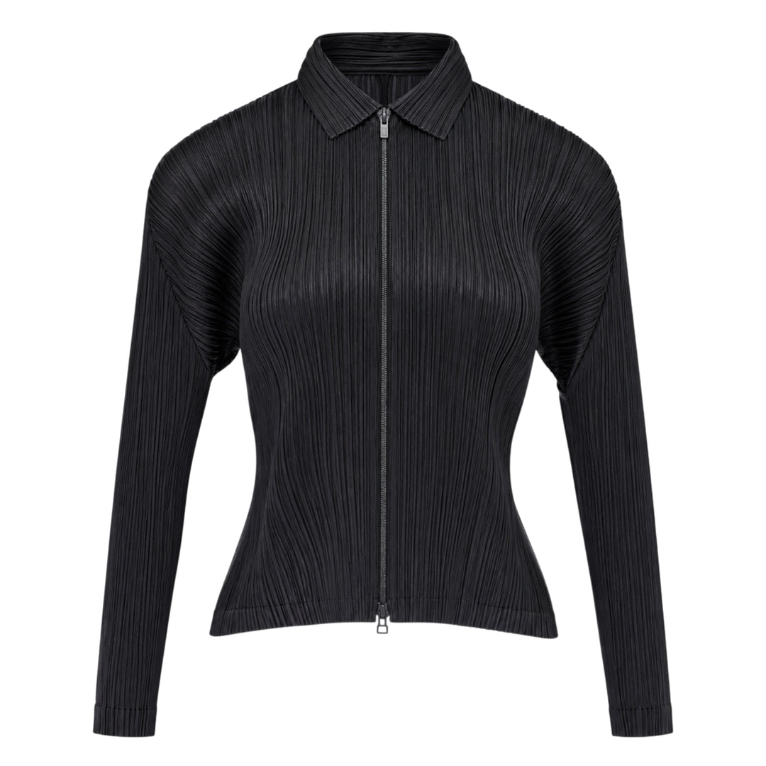 Pleats Please Issey Miyake Monthly Colors August black pleated blouson with full-length zip closure and spread collar, shown from the front
