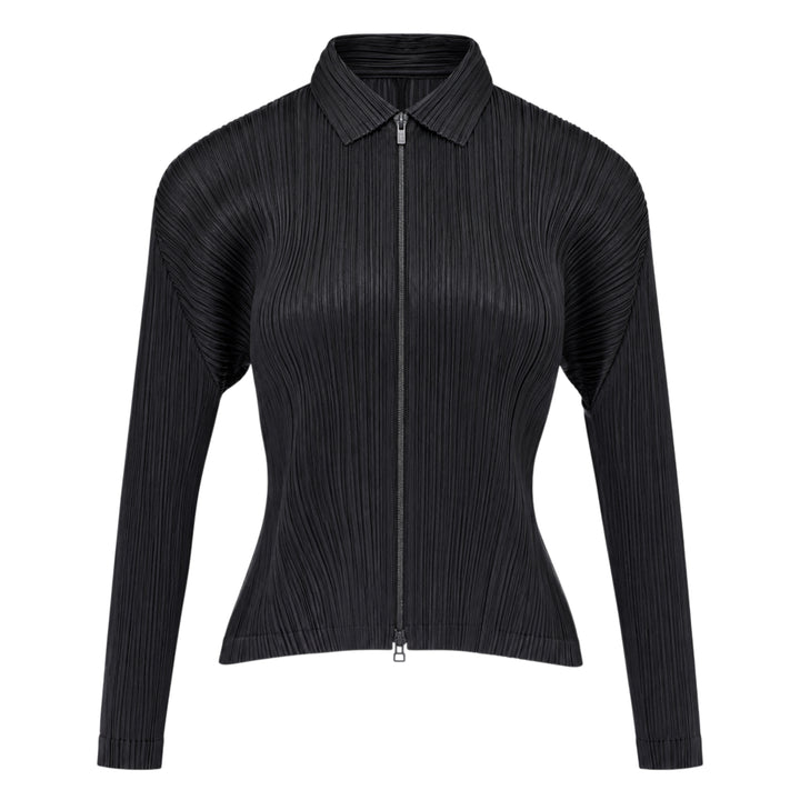 Pleats Please Issey Miyake Monthly Colors August black pleated blouson with full-length zip closure and spread collar, shown from the front
