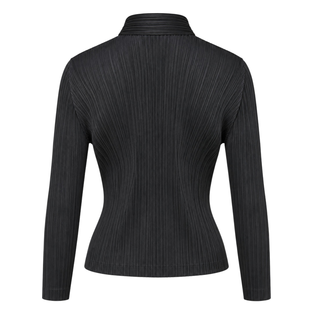 Pleats Please Issey Miyake Monthly Colors August black pleated blouson with full-length zip closure and spread collar, shown from the front