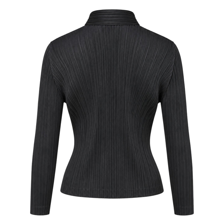 Pleats Please Issey Miyake Monthly Colors August black pleated blouson with full-length zip closure and spread collar, shown from the front