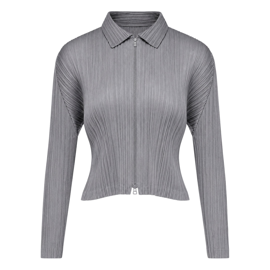 Pleats Please Issey Miyake Monthly Colors August black pleated blouson with full-length zip closure and spread collar, shown from the front