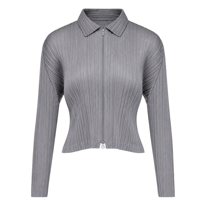 Pleats Please Issey Miyake Monthly Colors August black pleated blouson with full-length zip closure and spread collar, shown from the front