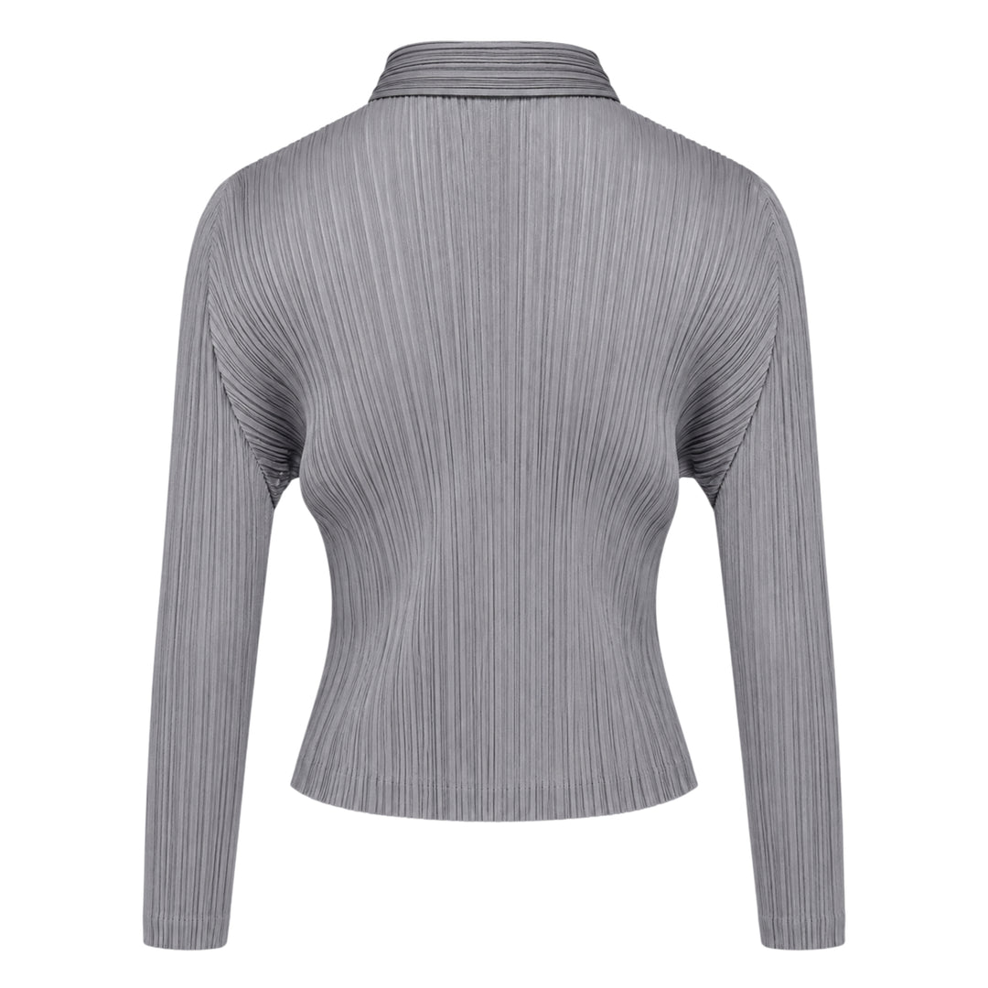 Pleats Please Issey Miyake Monthly Colors August black pleated blouson with full-length zip closure and spread collar, shown from the front
