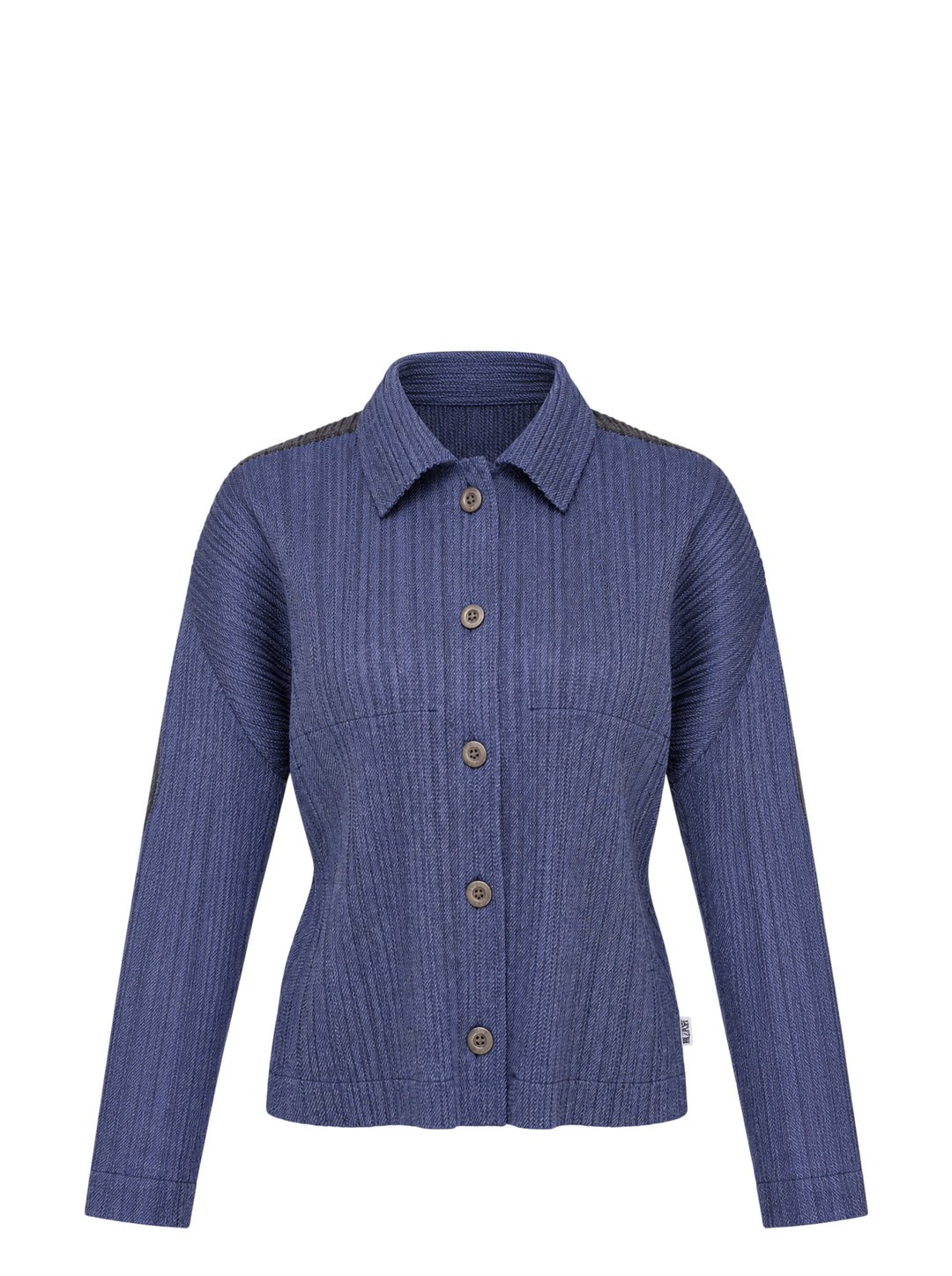 Pleats Please Issey Miyake Cotton Denim blouson in indigo blue with pleated texture, pointed collar, button front and darker shoulder panels