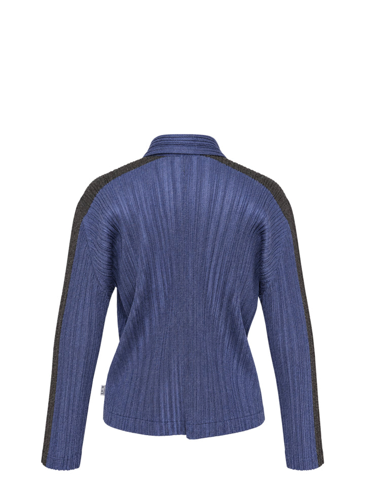 Pleats Please Issey Miyake Cotton Denim blouson in indigo blue with pleated texture, pointed collar, button front and darker shoulder panels - view 2