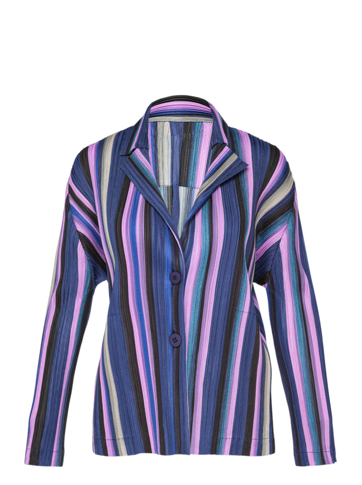Pleats Please Issey Miyake TAPE TAPE Jacket in multicolour vertical stripe plissé fabric with notched lapel, two-button fastening, and long sleeves