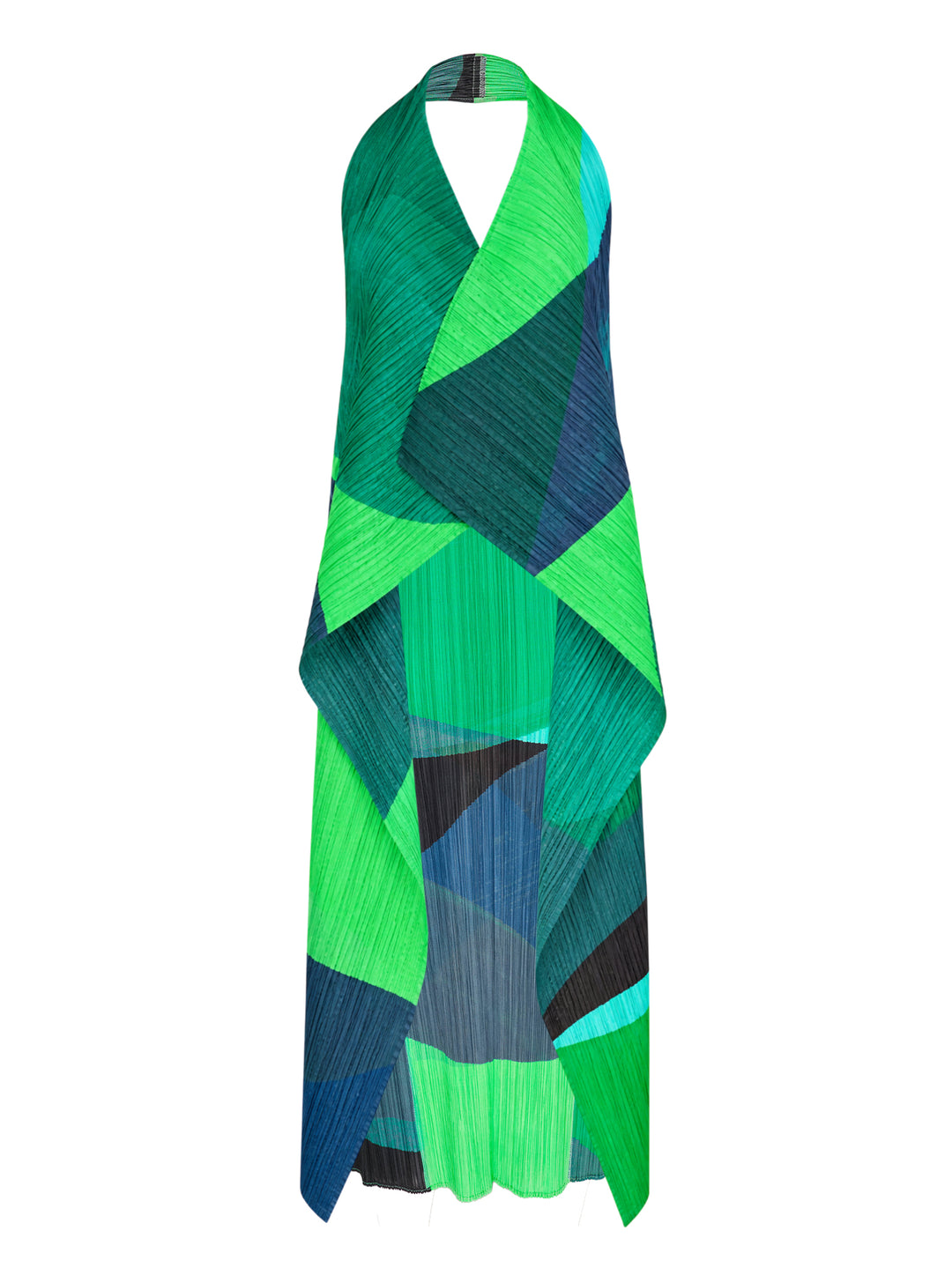 Pleats Please Issey Miyake Orbit halter-neck pleated vest with draped asymmetric panels in green, teal, navy and black geometric colour-blocking