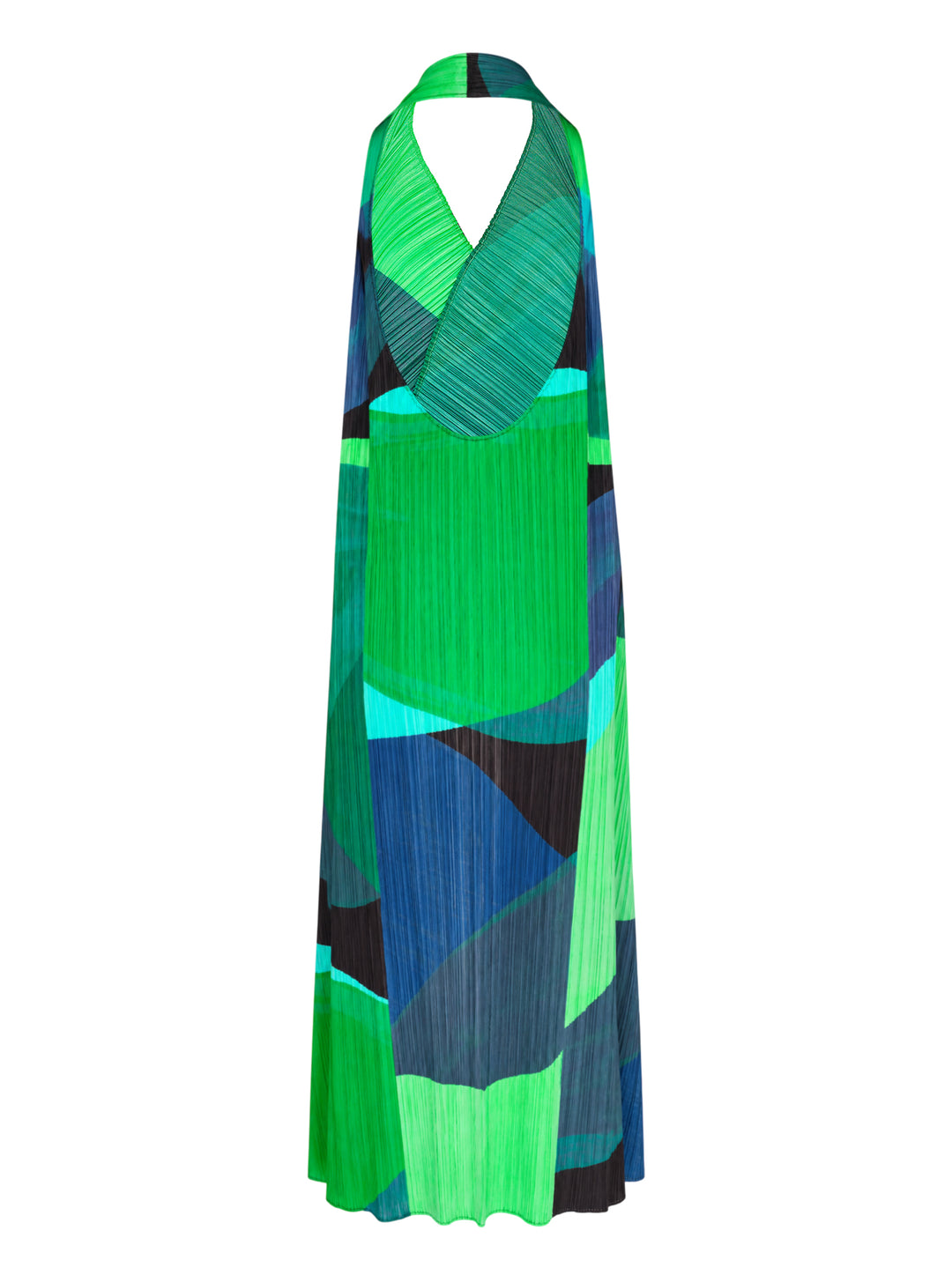 Pleats Please Issey Miyake Orbit halter-neck pleated vest with draped asymmetric panels in green, teal, navy and black geometric colour-blocking - view 2