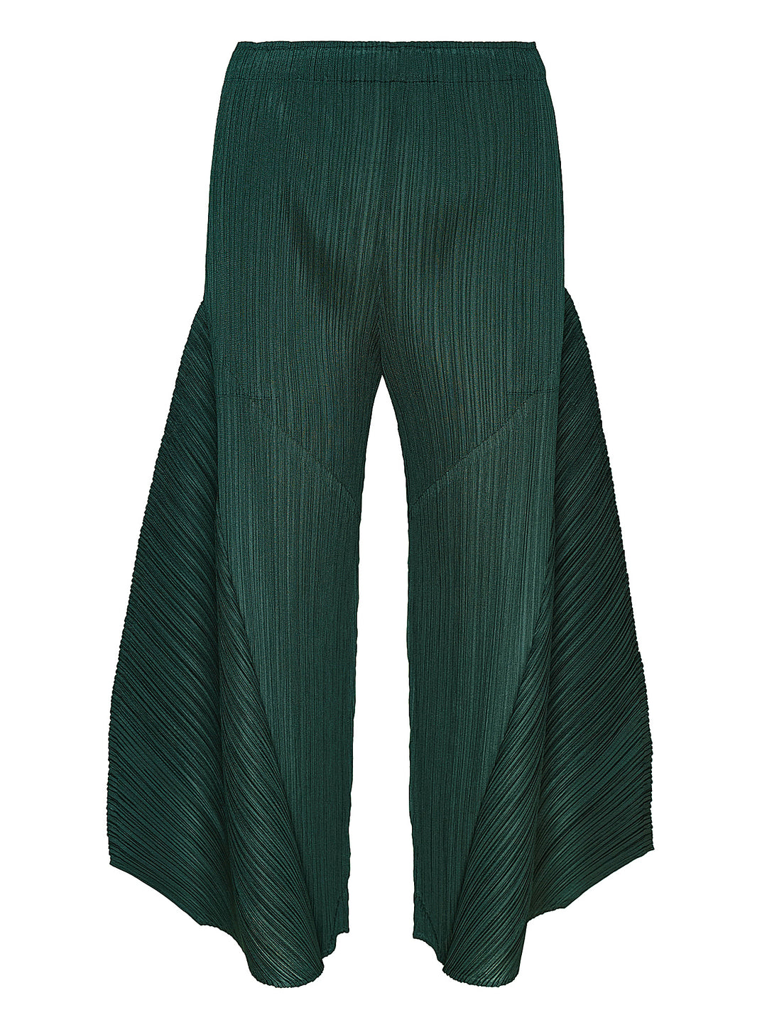 Pleats Please Issey Miyake Monthly Colors October pleated flared pants in deep green with sculpted side panels and elasticated waist