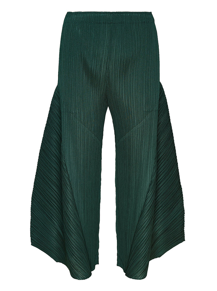 Pleats Please Issey Miyake Monthly Colors October pleated flared pants in deep green with sculpted side panels and elasticated waist