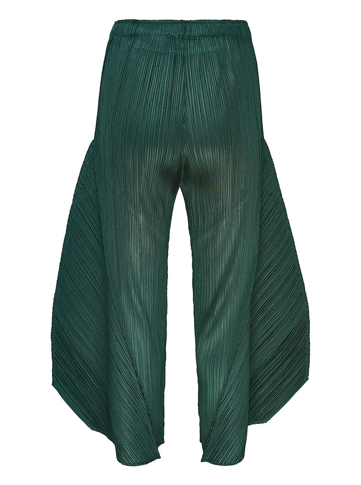 Pleats Please Issey Miyake Monthly Colors October pleated flared pants in deep green with sculpted side panels and elasticated waist - view 2