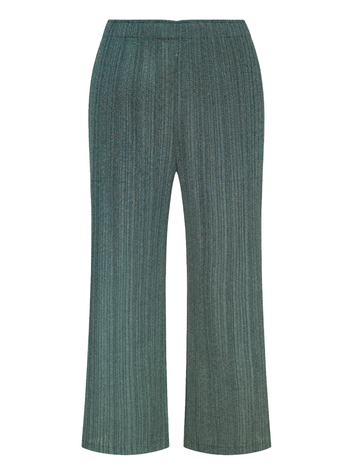 Pleats Please Issey Miyake Cotton Denim pleated wide-leg pants in textured teal-green, front view