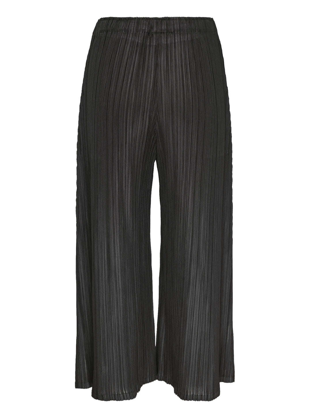 Pleats Please Issey Miyake Mellow Pleats Pants in black — wide-leg cropped silhouette with vertical micro-pleating, elasticated waistband, and side-slit hem, shown flat on white background - view 2
