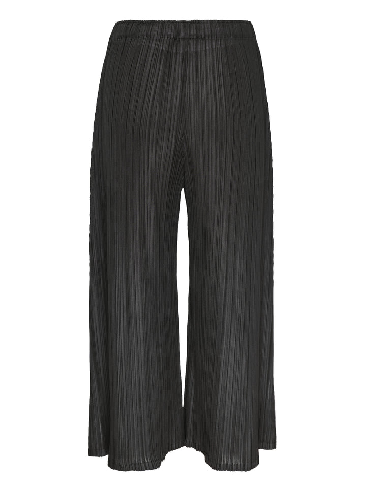 Pleats Please Issey Miyake Mellow Pleats Pants in black — wide-leg cropped silhouette with vertical micro-pleating, elasticated waistband, and side-slit hem, shown flat on white background - view 2