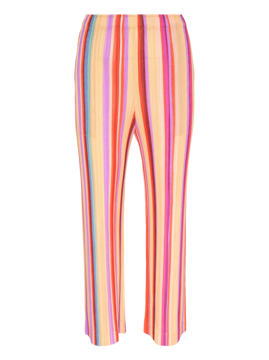 Pleats Please Issey Miyake TAPE TAPE Pants featuring multicolour vertical stripes in tangerine, fuchsia, violet, coral, and sky blue with a cropped flared silhouette and elasticated waistband