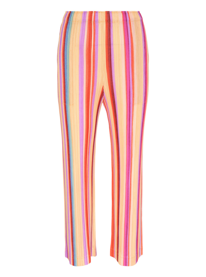 Pleats Please Issey Miyake TAPE TAPE Pants featuring multicolour vertical stripes in tangerine, fuchsia, violet, coral, and sky blue with a cropped flared silhouette and elasticated waistband
