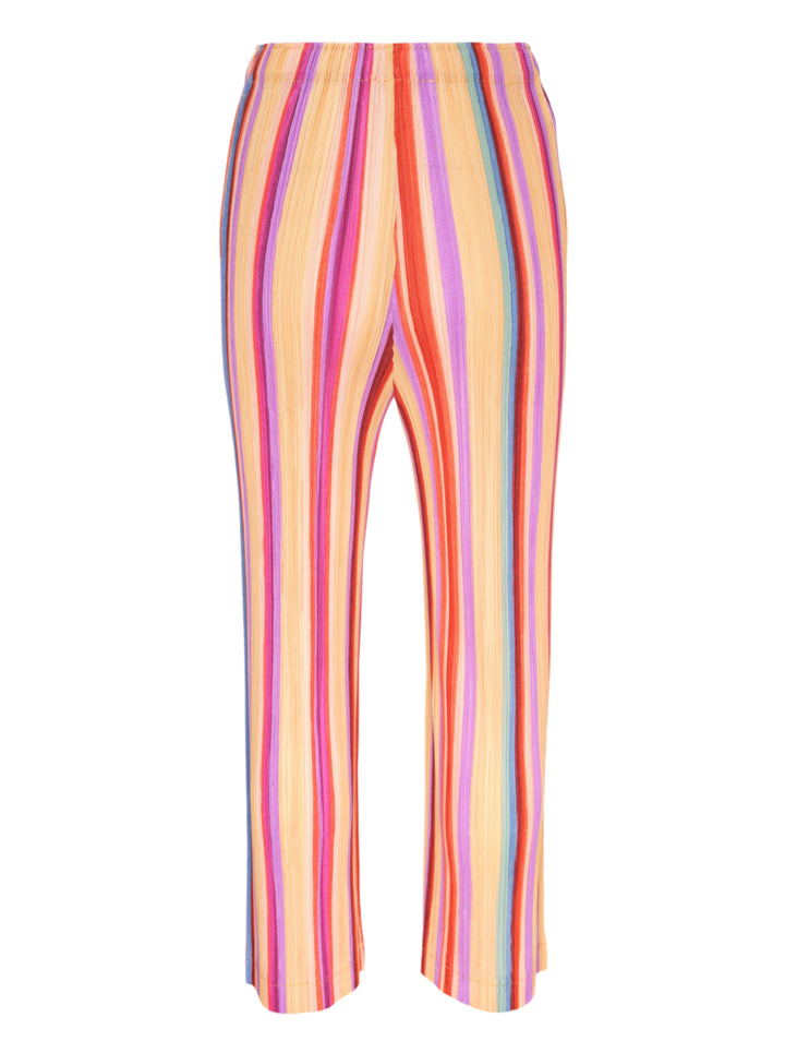 Pleats Please Issey Miyake TAPE TAPE Pants featuring multicolour vertical stripes in tangerine, fuchsia, violet, coral, and sky blue with a cropped flared silhouette and elasticated waistband - view 2
