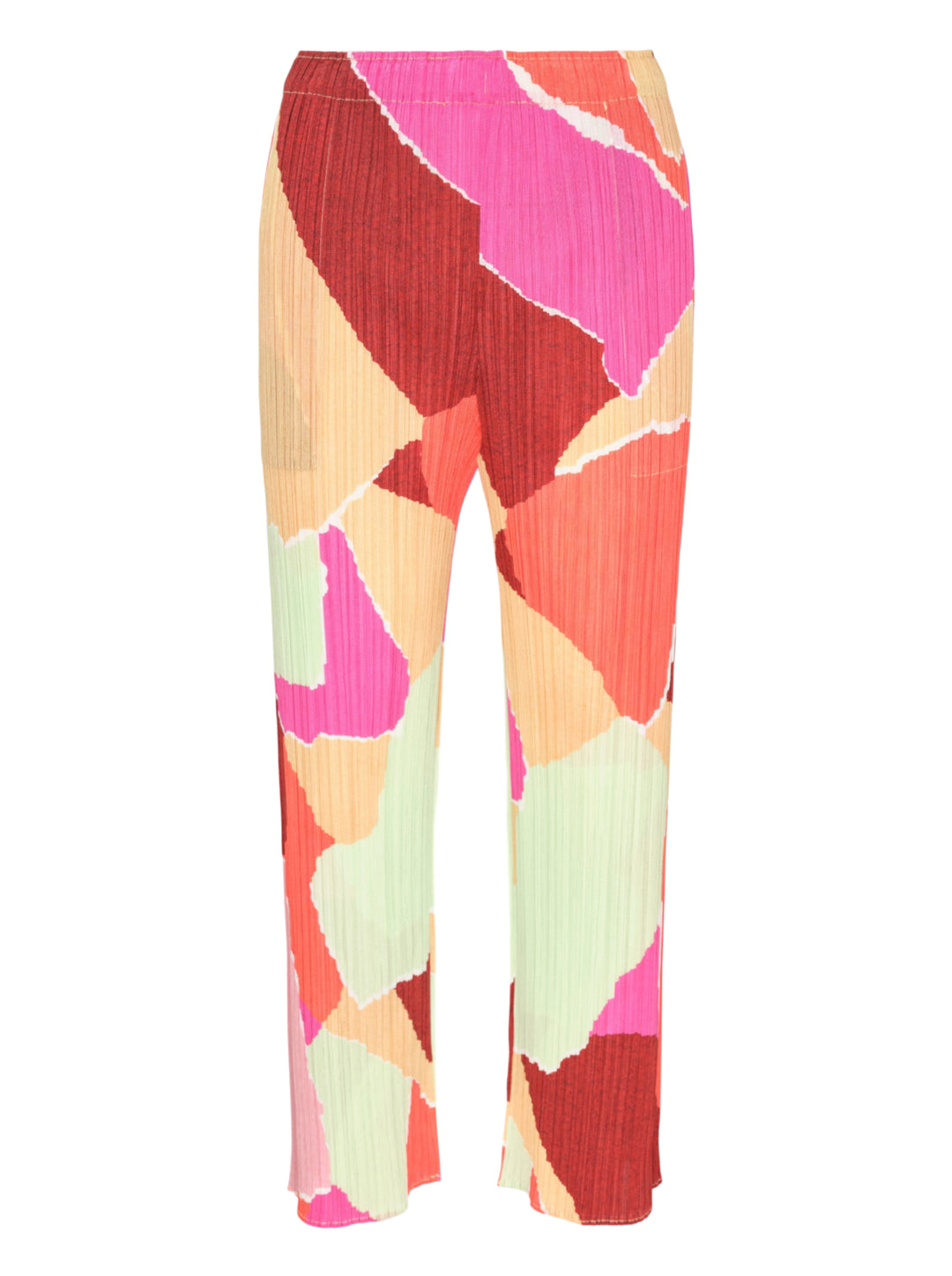 Pleats Please Issey Miyake SURPRISE! Pants in abstract multicolour geometric print featuring fuchsia, burgundy, coral, peach, and sage on permanent-pleat fabric with a straight-leg silhouette