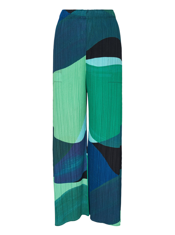 Pleats Please Issey Miyake Orbit wide-leg pleated pants with an abstract green, blue and black colour-block print, shown from the front