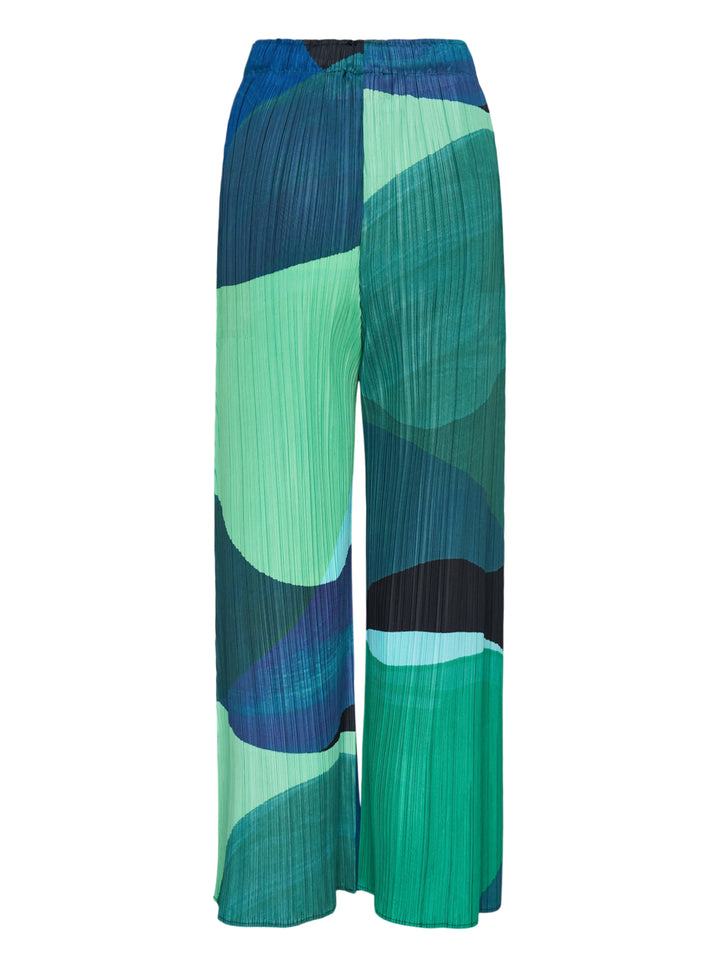 Pleats Please Issey Miyake Orbit wide-leg pleated pants with an abstract green, blue and black colour-block print, shown from the front - view 2