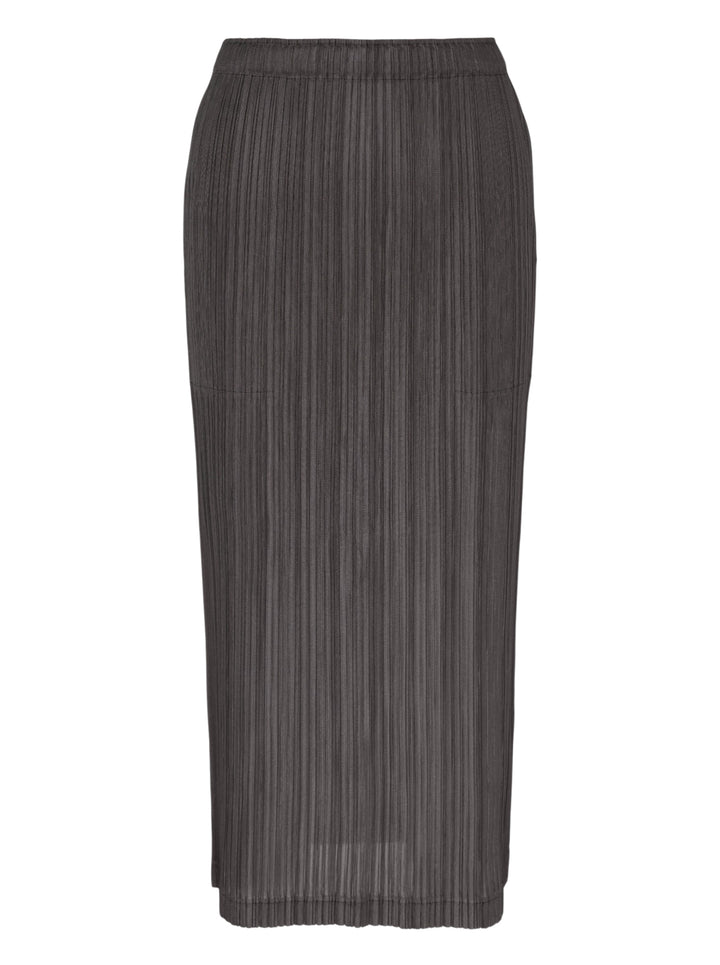 Pleats Please Issey Miyake Thicker Bottoms 2 pleated midi skirt in dark charcoal grey with vertical permanent pleating and elasticated waistband