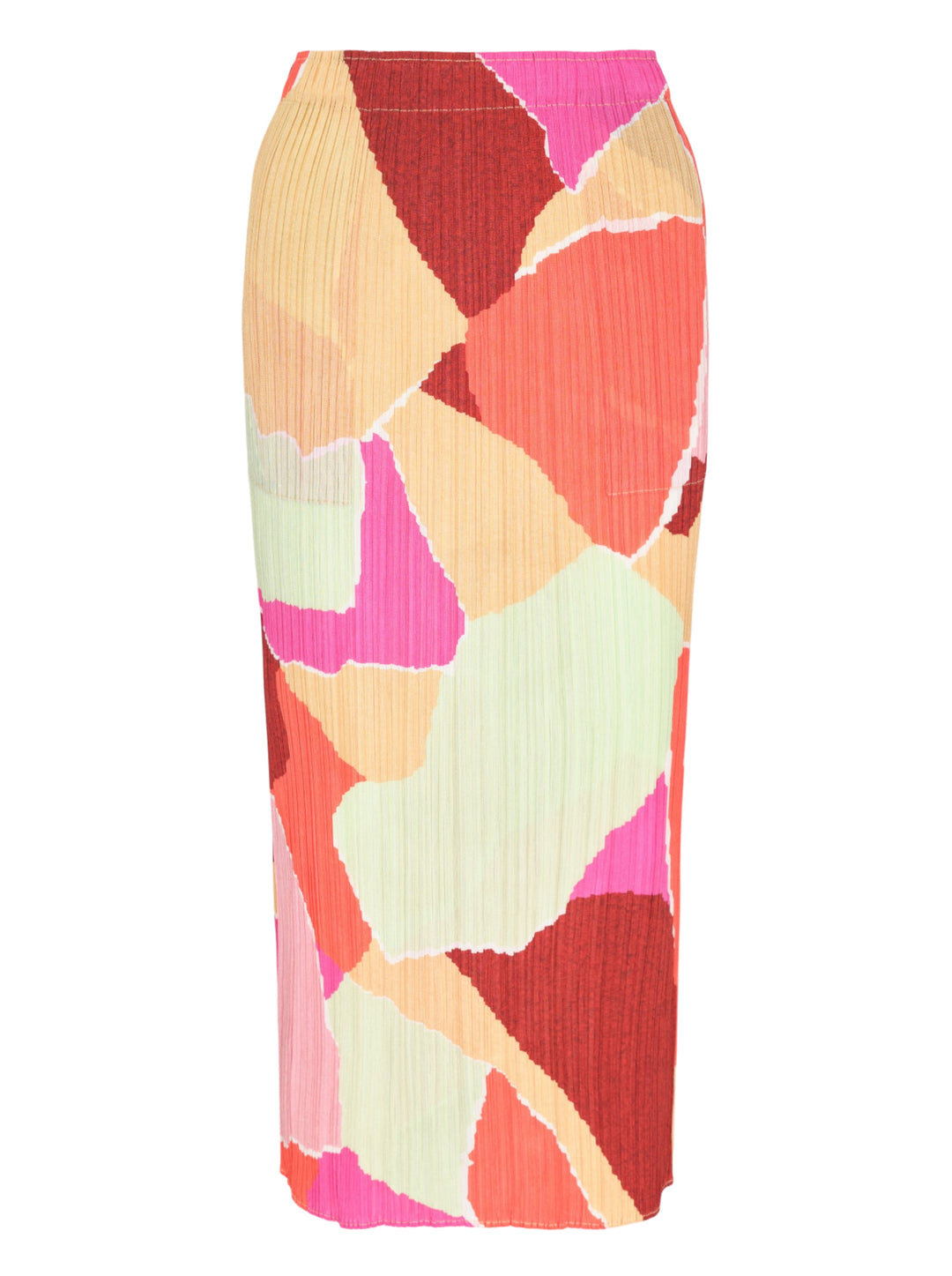 Pleats Please Issey Miyake SURPRISE! midi pencil skirt in permanent micro-pleated fabric featuring an abstract mosaic print in fuchsia, coral, burgundy, sage, and peach