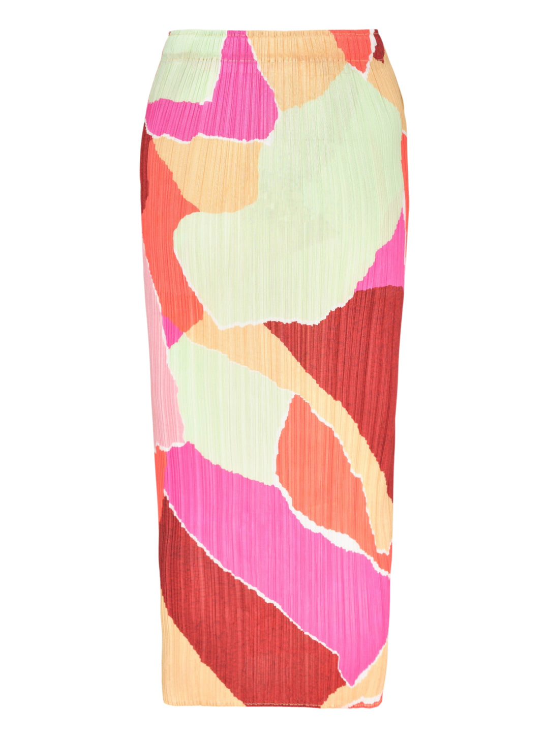 Pleats Please Issey Miyake SURPRISE! midi pencil skirt in permanent micro-pleated fabric featuring an abstract mosaic print in fuchsia, coral, burgundy, sage, and peach - view 2