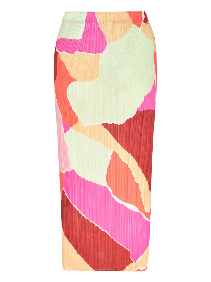 Pleats Please Issey Miyake SURPRISE! midi pencil skirt in permanent micro-pleated fabric featuring an abstract mosaic print in fuchsia, coral, burgundy, sage, and peach - view 2