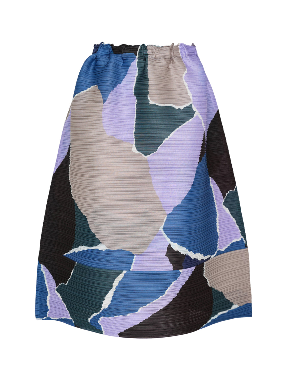 Pleats Please Issey Miyake SURPRISE! Flared Skirt in micro-pleated fabric featuring a large-scale abstract print in lavender, cobalt blue, teal, taupe, and black, with an elasticated ruched waistband and A-line silhouette