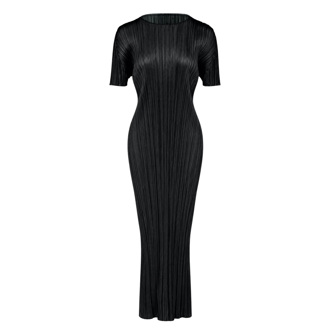 Pleats Please Issey Miyake Monthly Colors August micro-pleated short sleeve maxi dress in black