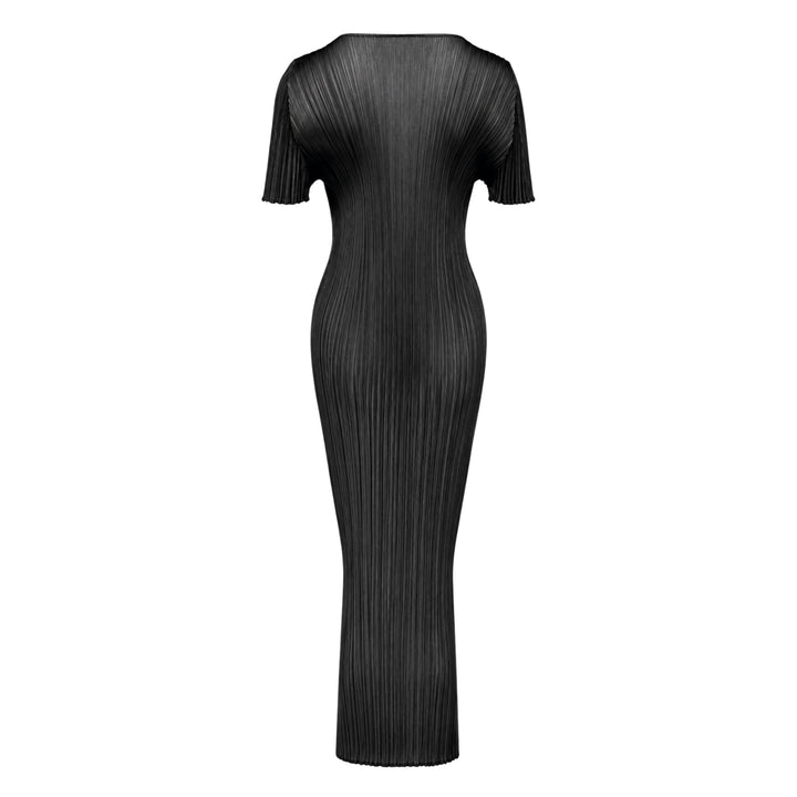 Pleats Please Issey Miyake Monthly Colors August micro-pleated short sleeve maxi dress in black