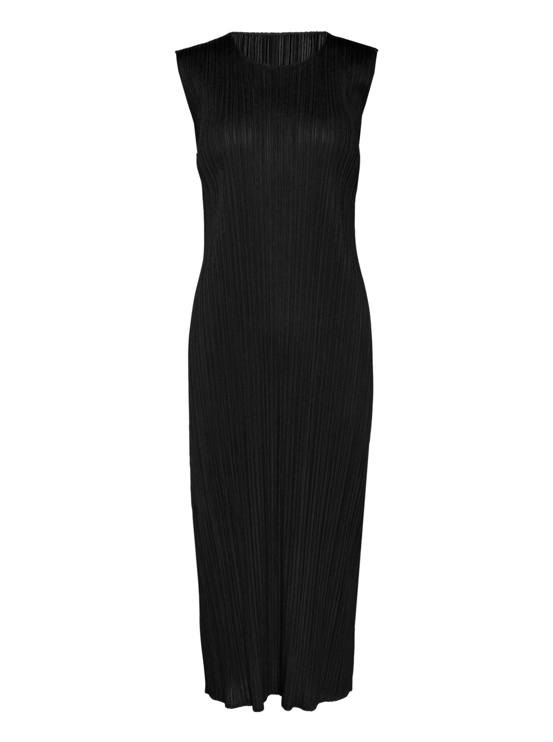 Pleats Please Issey Miyake Monthly Colors September sleeveless black midi dress with fine vertical micro-pleating throughout