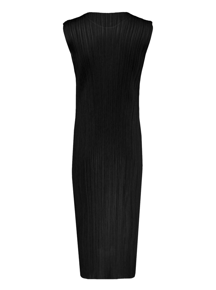 Pleats Please Issey Miyake Monthly Colors September sleeveless black midi dress with fine vertical micro-pleating throughout - view 2