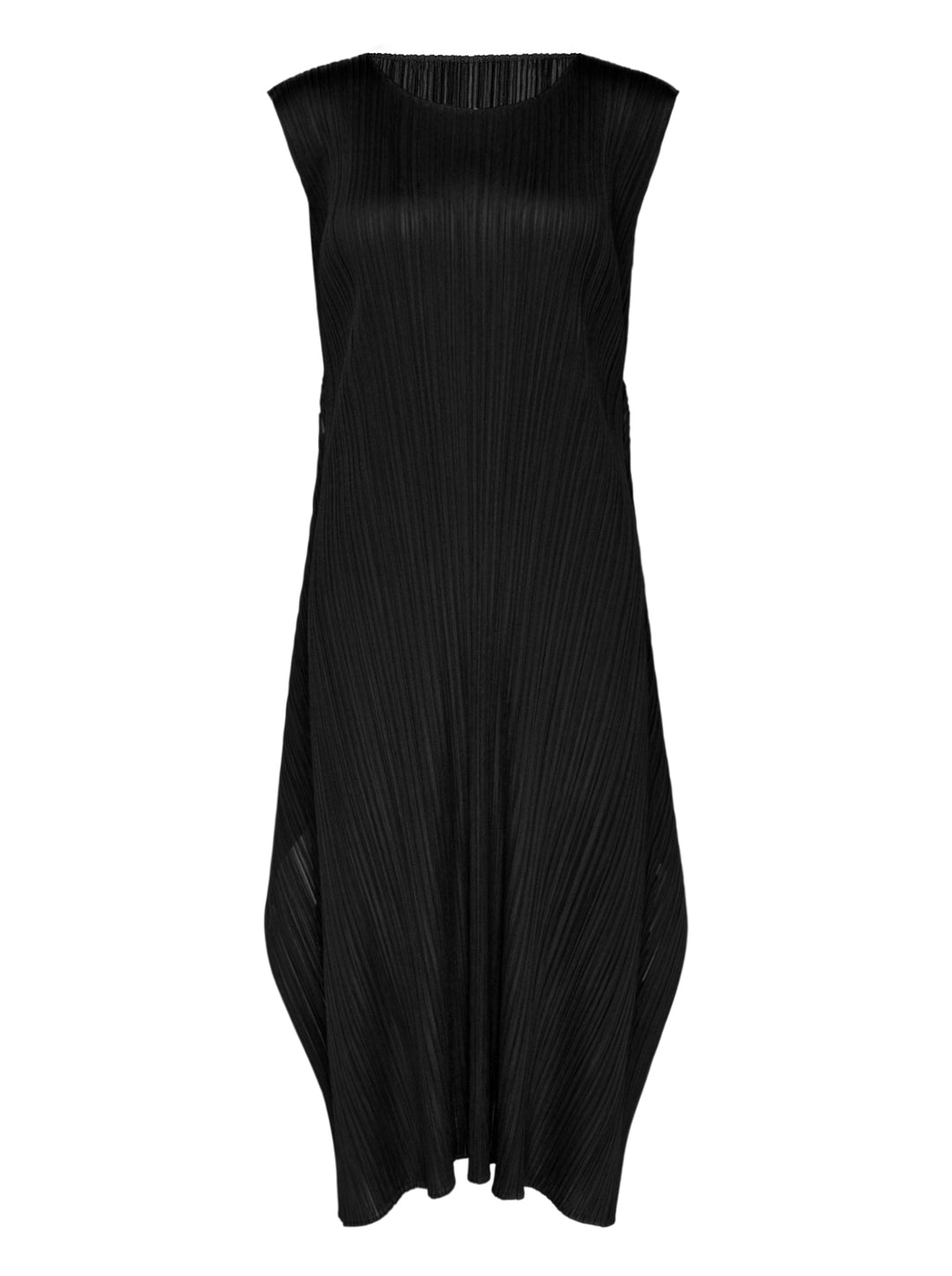 Pleats Please Issey Miyake Monthly Colors September sleeveless black micro-pleated dress with draped balloon hem, front view on white background