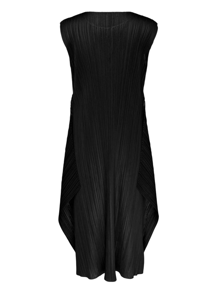 Pleats Please Issey Miyake Monthly Colors September sleeveless black micro-pleated dress with draped balloon hem, front view on white background - view 2
