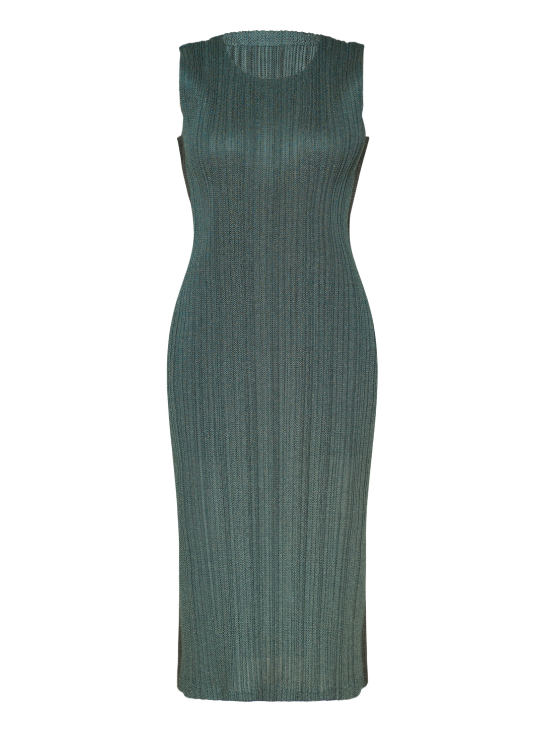 Pleats Please Issey Miyake sleeveless pleated midi dress in heathered deep teal with a round neckline and fitted silhouette