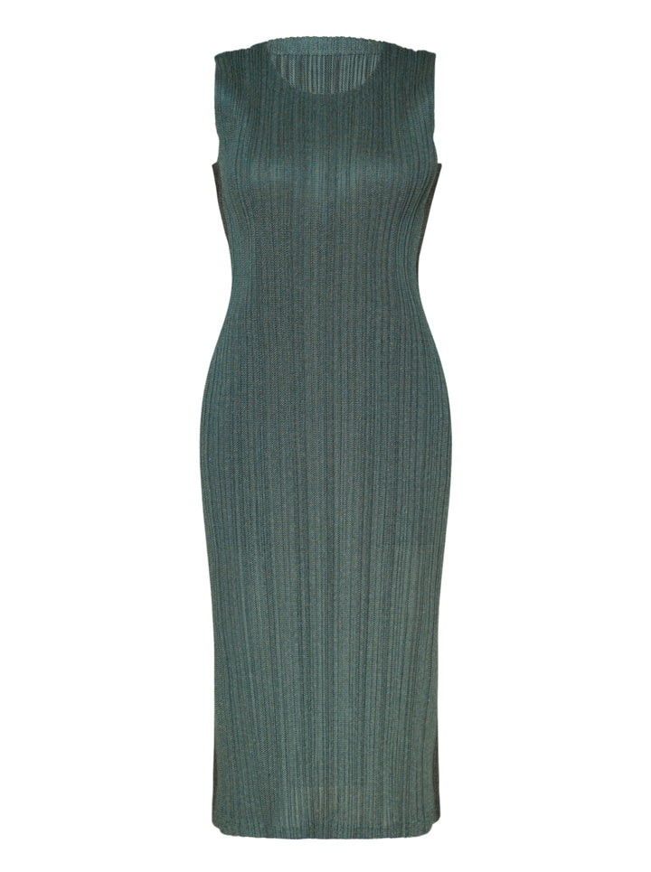 Pleats Please Issey Miyake sleeveless pleated midi dress in heathered deep teal with a round neckline and fitted silhouette